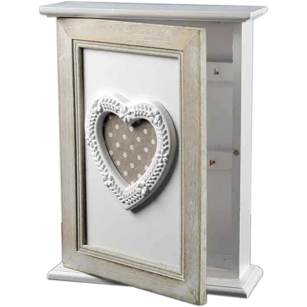 Cassetta Portachiavi da parete in Legno Bianco con Cuore Stile Shabby Chic