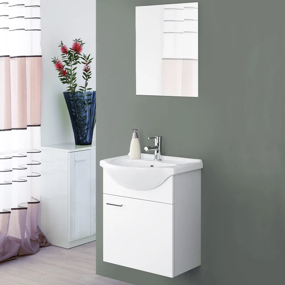 Composizione Bagno Mobile Bianco 1 Anta Sospeso con Lavabo 55 cm e Specchio