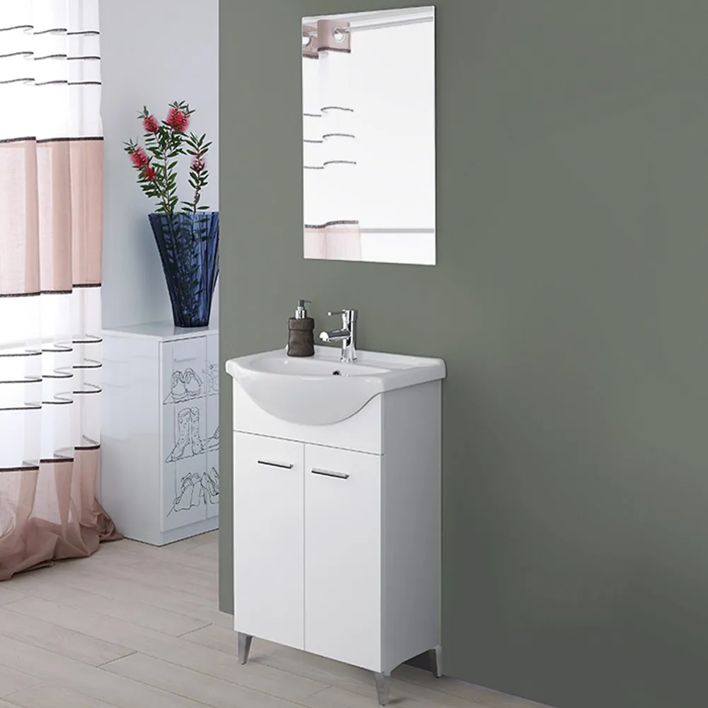 Composizione Bagno Mobile Bianco 2 Ante da Terra con Lavabo 55 cm e Specchio