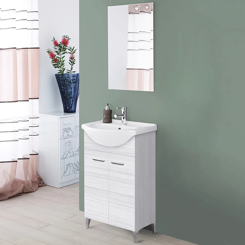 Composizione Bagno Mobile Grigio Koala 2 Ante da Terra Lavabo 55cm e Specchio