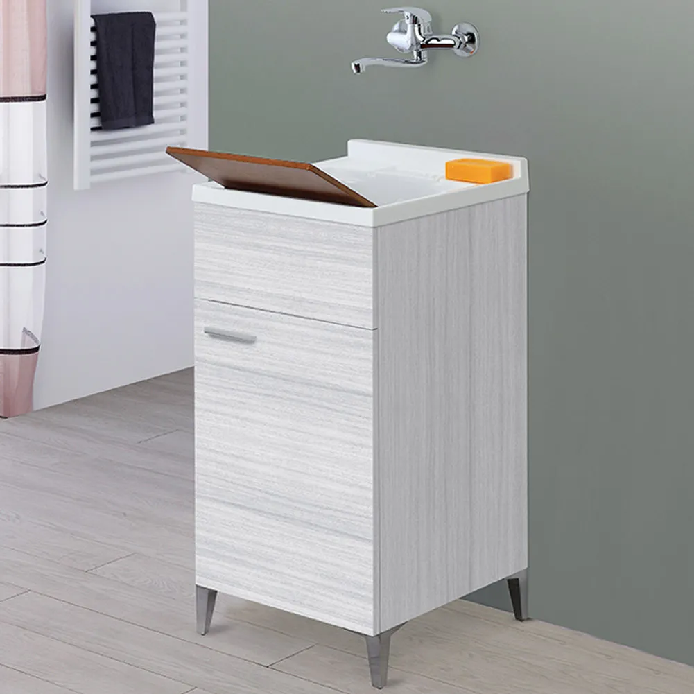 Mobile Lavatoio Grigio Koala 1 Anta 45 cm Lavabo Resina Asse Legno per Lavaggio