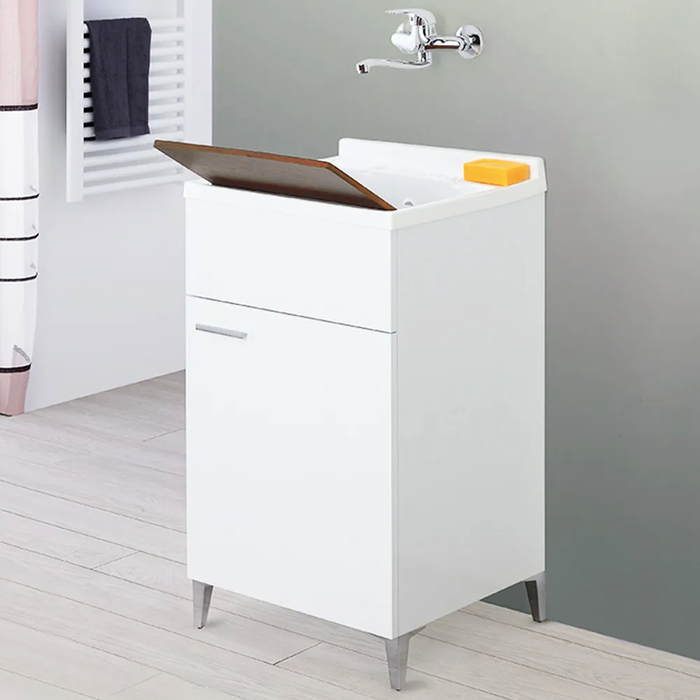 Mobile Lavatoio Bianco 1 Anta 50 cm con Lavabo in Resina Asse Legno per Lavaggio