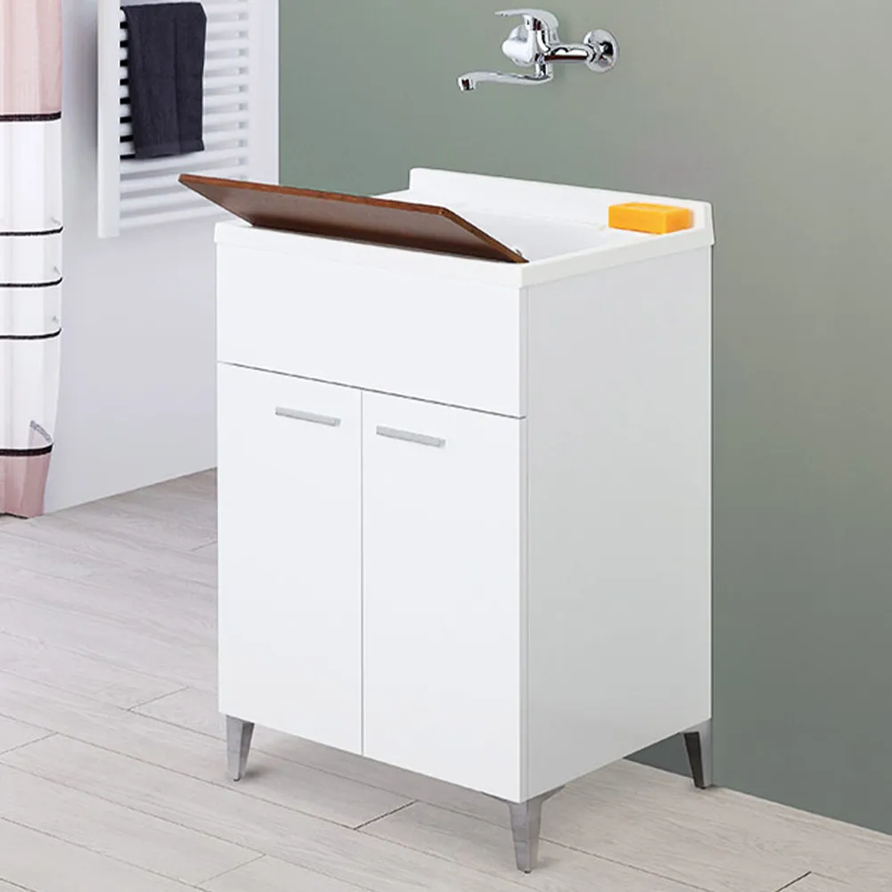 Mobile Lavatoio Bianco 2 Ante 60 cm con Lavabo in Resina Asse Legno per Lavaggio