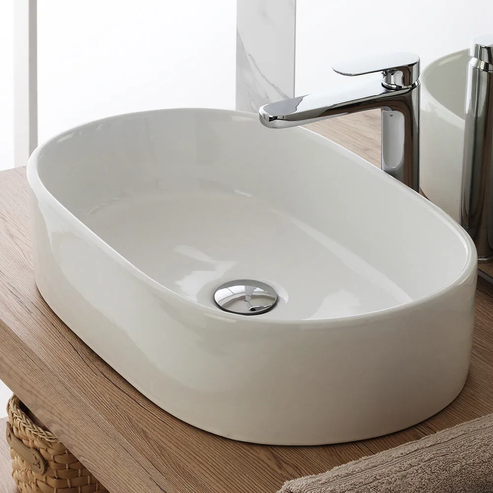 Lavabo d'Appoggio Forma Ovale in Ceramica Bianca 55x34.5x14 cm Design Moderno