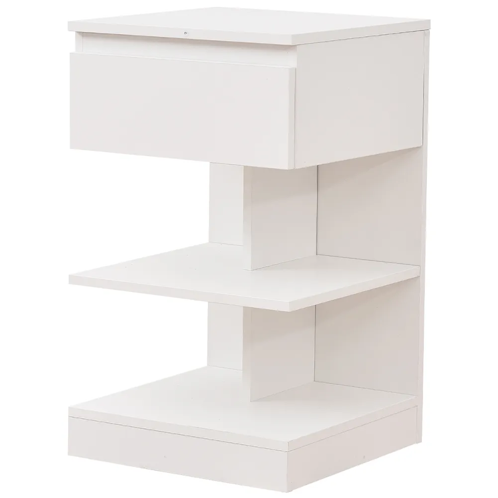 Comodino Mobiletto Moderno 1 Cassetto e 2 Ripiani Salvaspazio Bianco 39x39x65cm