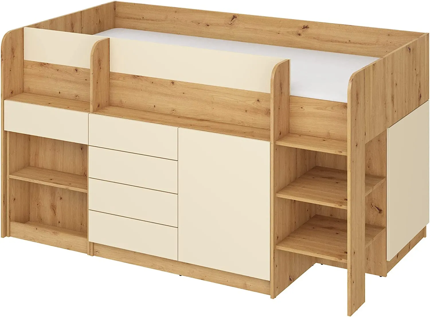 LETTO MOBILE CASSETTIERA CON SCRITTOIO SMILE P 204x 112x112cm LATO DESTRO ROVERE CREMA