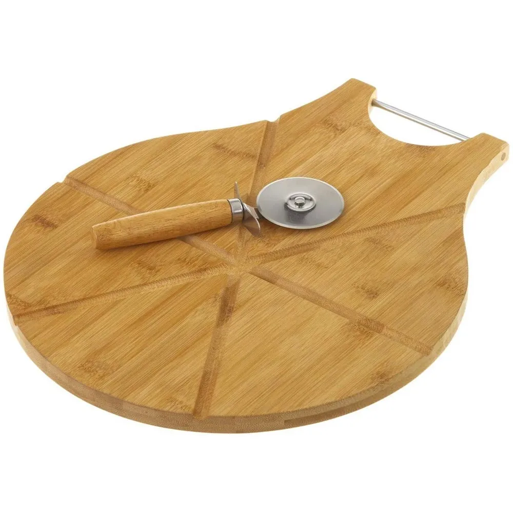 Tagliere Vassoio Pizza in Legno di Bambu con Guide + Rotella Tagliapizza 38x32cm