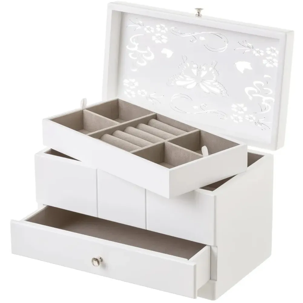 Portagioie in Legno Bianco Scatola Organizer Porta Gioielli 1 Cassetto 1 Ripiano