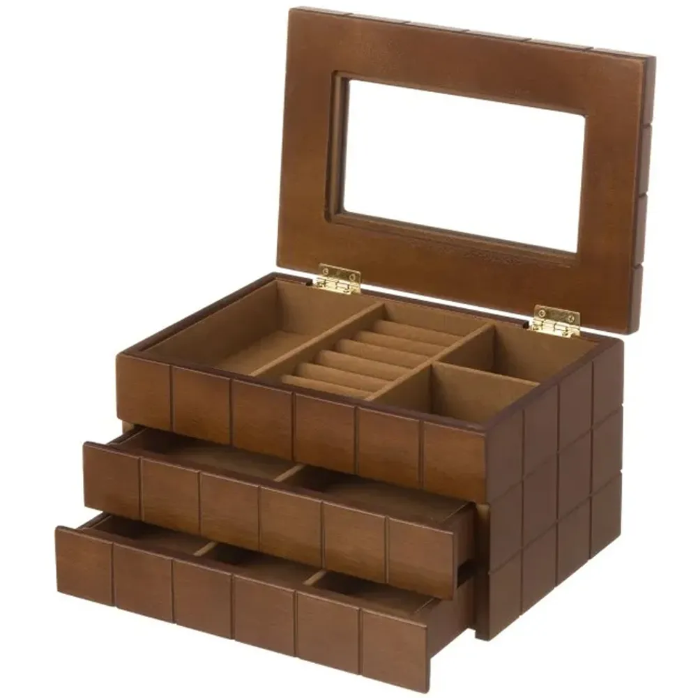 Portagioie Legno Marrone Scatola Organizer Porta Gioielli 2 Cassetti 1 Ripiano