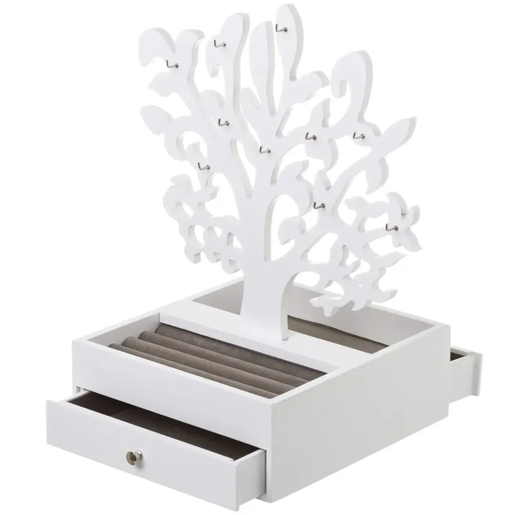 Portagioie Moderno Forma Albero Legno Bianco Porta Gioielli 2 Cassetti 1 Ripiano