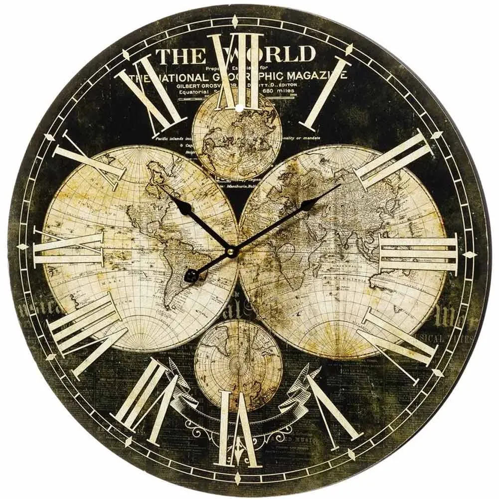 Orologio da Parete Legno Numeri Romani Oro e Nero Decorazione Mappa Geografica