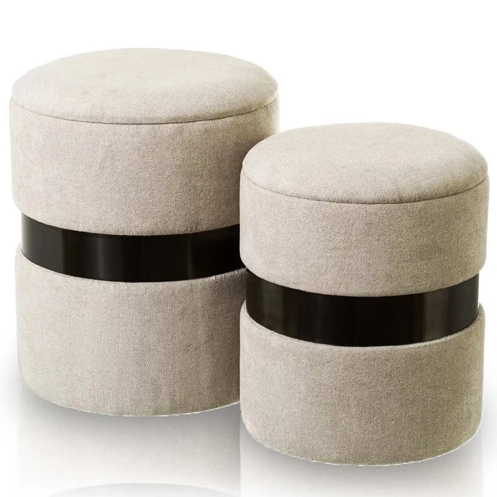 Set 2 Pouf Contenitore in Velluto Rotondo Beige Sgabello Poggiapiedi Capiente