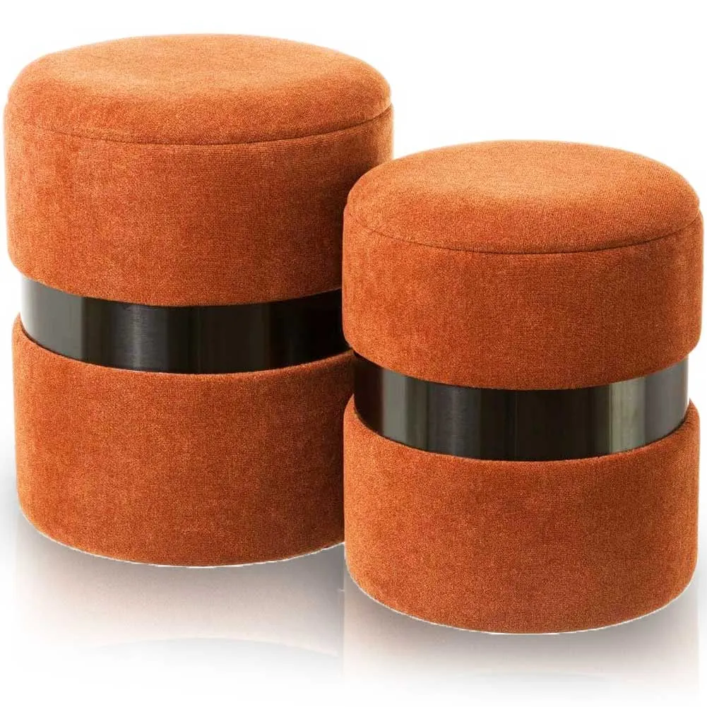 Set 2 Pouf Contenitore Velluto Rotondo Arancione Sgabello Poggiapiedi Capiente