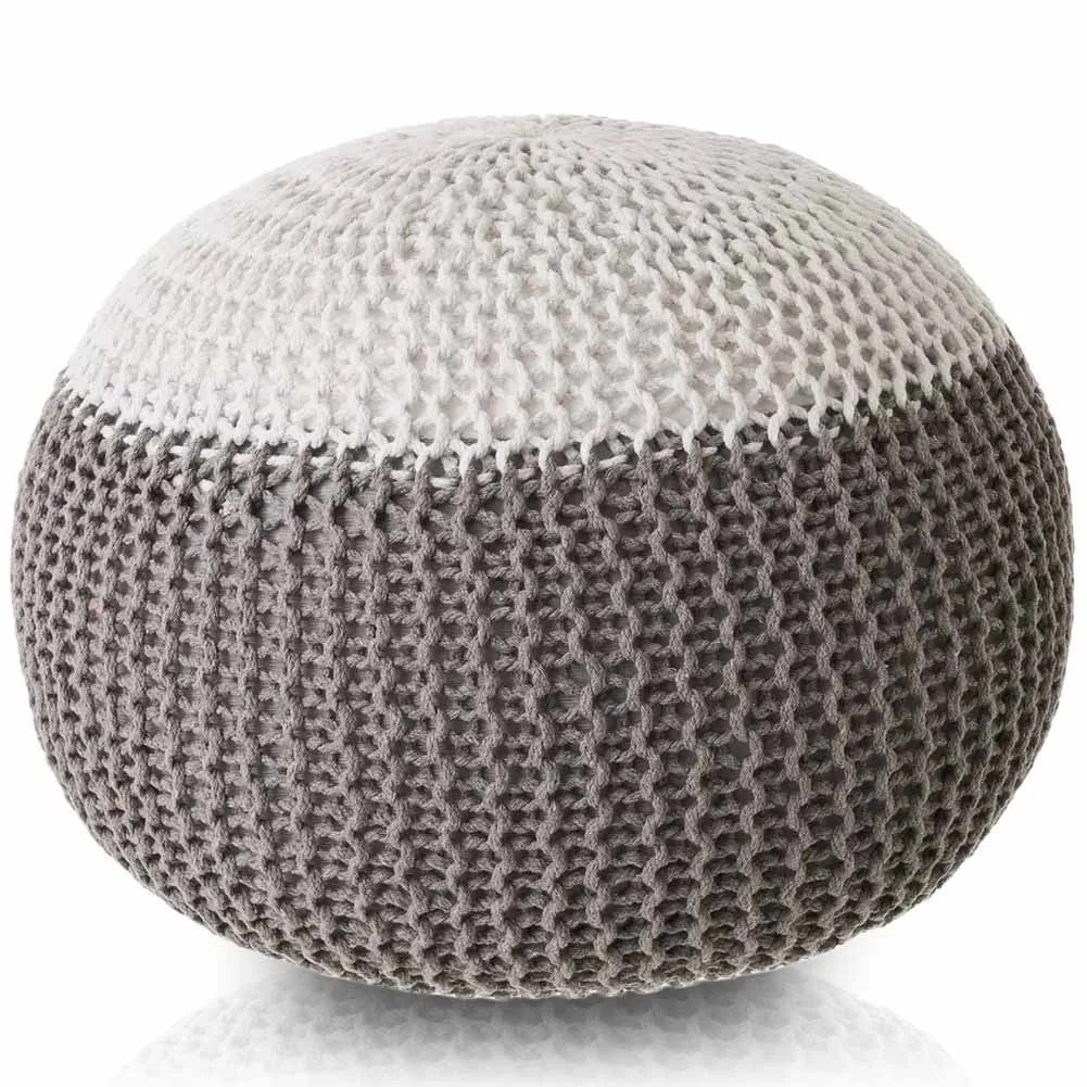 Pouf Poggiapiedi Tessuto a maglia Tondo Bianco e Grigio Fodera Rimovibile 45 cm