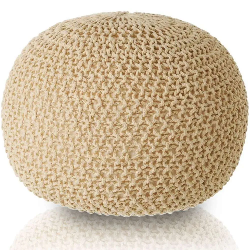 Pouf Poggiapiedi Tessuto a maglia Beige Fodera Trama Intrecco Rimovibile 45 cm