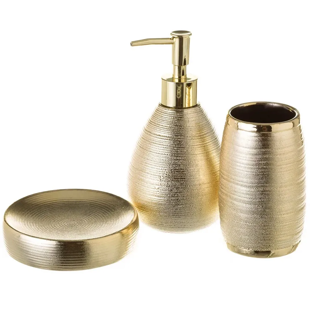 Set 3 Pezzi da Bagno in Ceramica Dispenser Portasaponetta Bicchiere Colore Oro