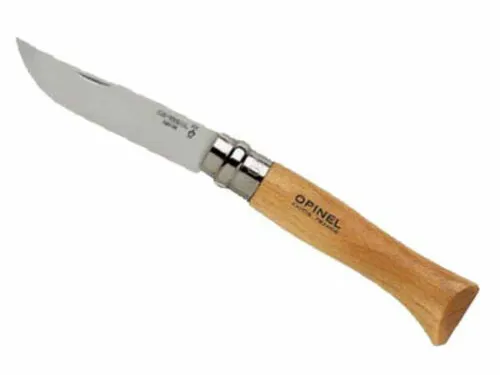 COLTELLO CM.9 OPINEL CON IMPUGNATURA IN LEGNO E GHIERA BLOCCALAMA