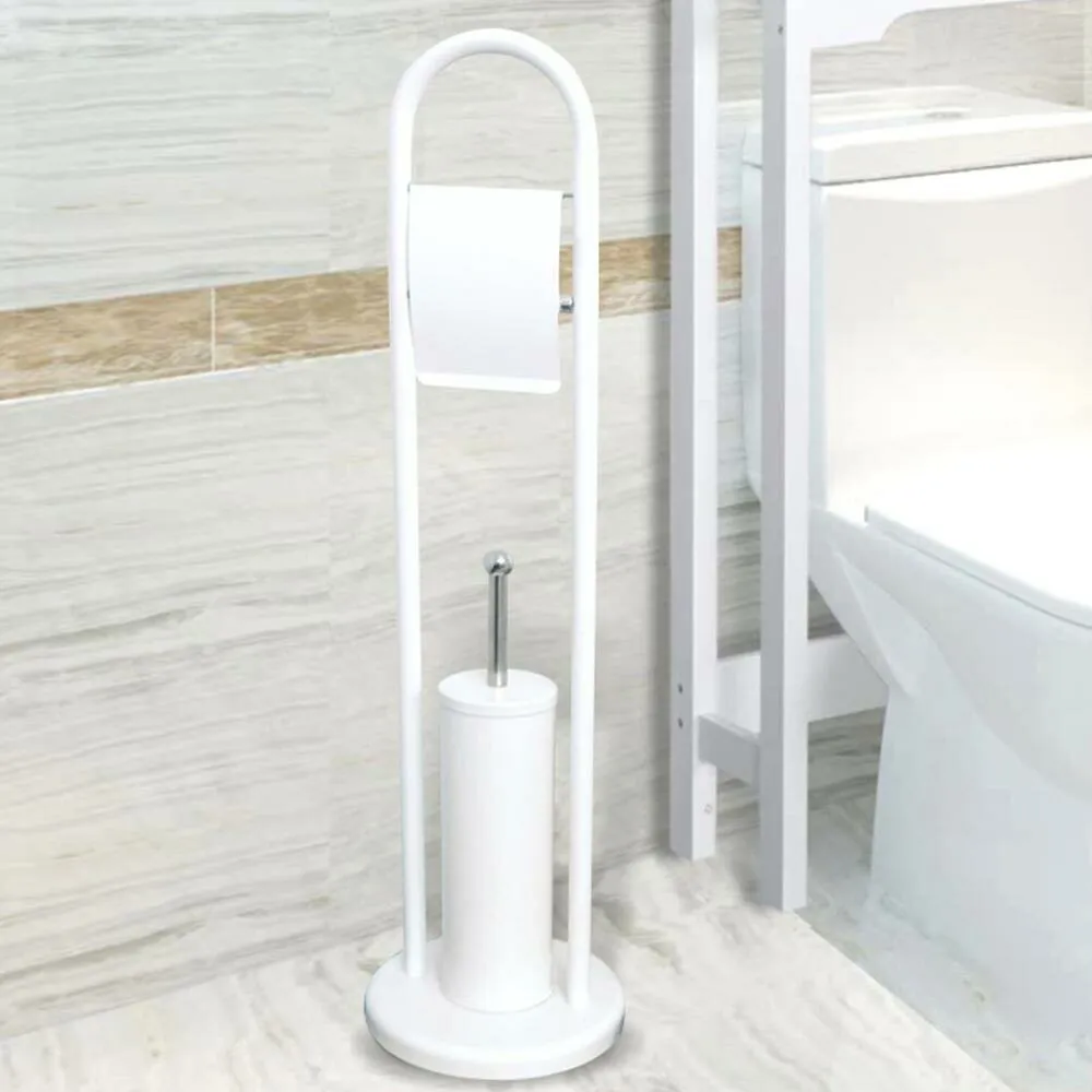 Portarotolo Con Spazzolone e Porta Scopino Bagno In Metallo Bianco Opaco 22x81