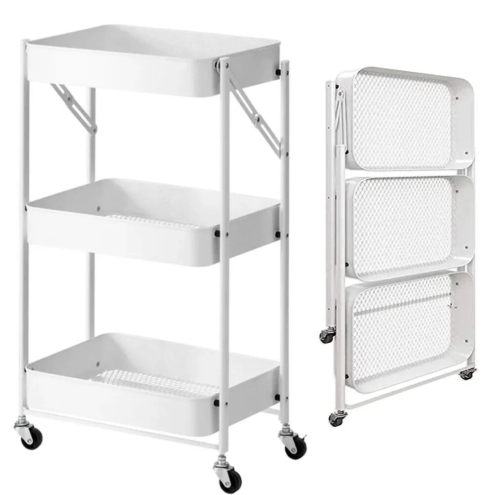 Carrello cucina Slim Pieghevole 3 Ripiani Metallo Trolley Servizio 4 Ruote Bianc