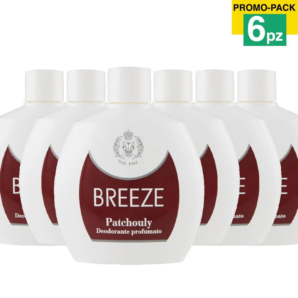 6 x Breeze Squeeze Deodorante Profumato Patchouly 100ml Corpo No Gas