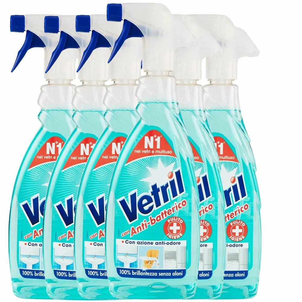 6x Vetril Anti-batterico Detersivo Vetri Multiuoso Con Azione Anti-odore 650 ml