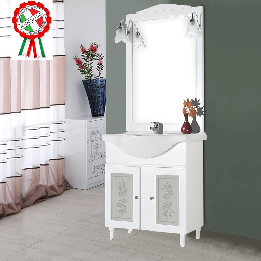 Mobile Da Bagno Bianco Completo Modello Giada Ante Vetro 75cm Legno con Specchio (1)