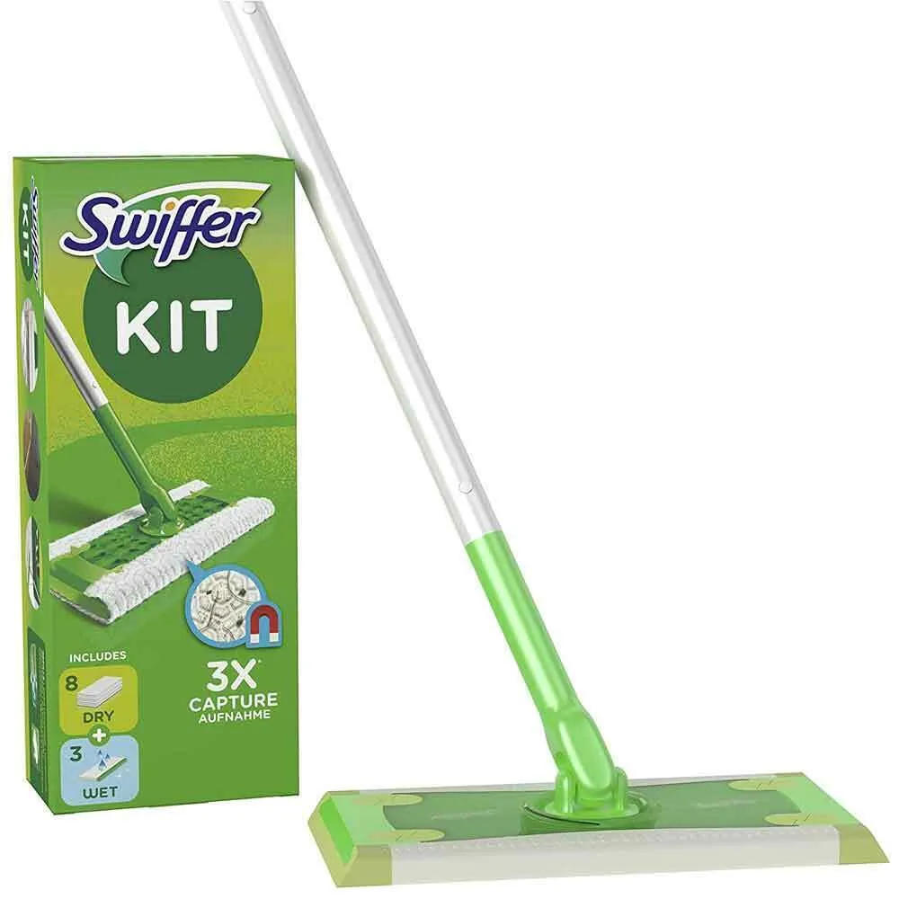 Swiffer Starter Kit Scopa Lavapavimenti con Manico 8 Panni Secco 3 Panni Umidi