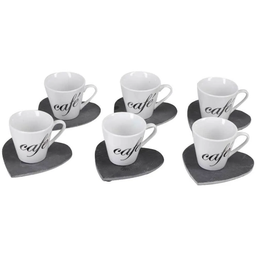 Servizio Set 6 Tazzine da Caffe Tazzina in Ceramica con Piattino Cuore Ardesia