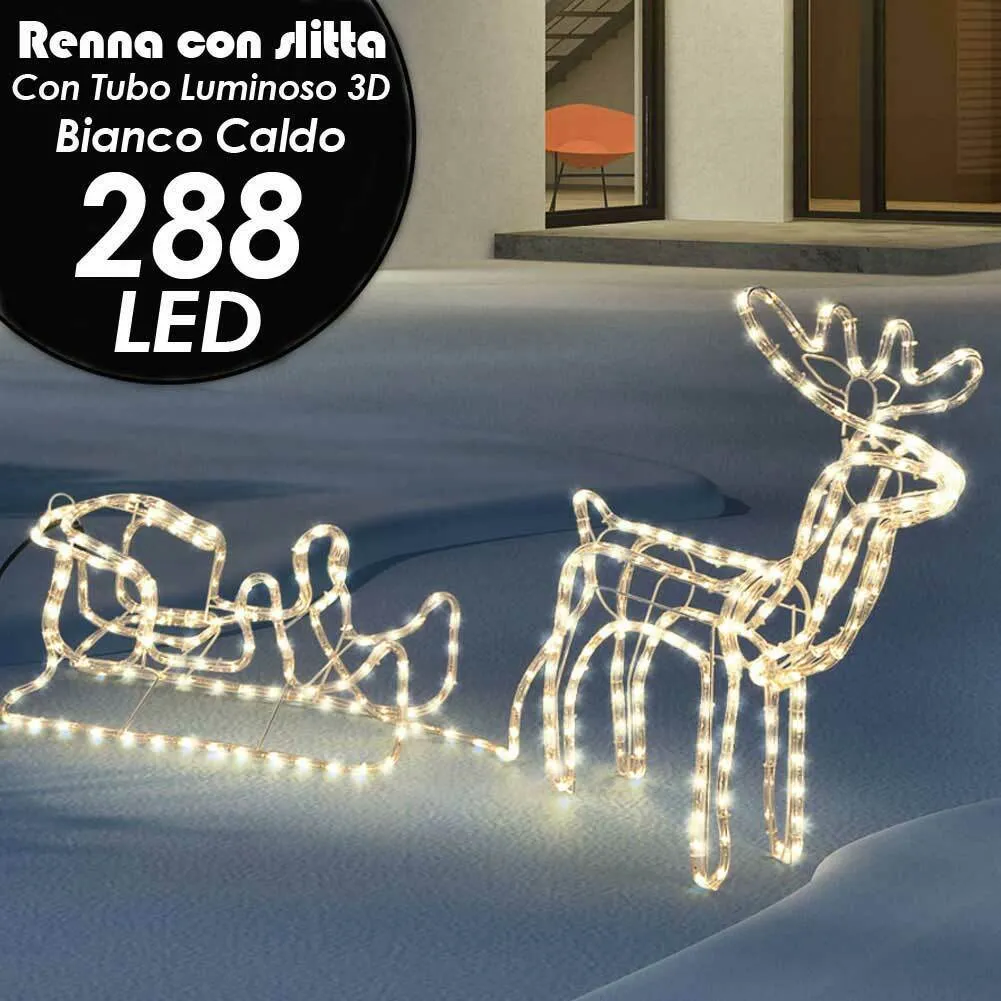 Renna Luminosa con Slitta per Esterno Tubo Giardino Natale Luce Decorazione Cald