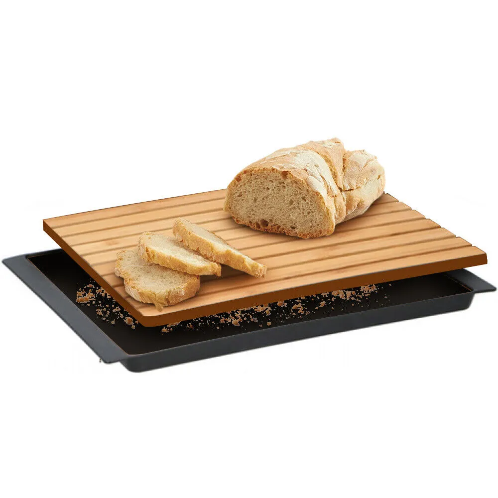 Tagliere per Pane in Legno di Bambu con Vaschetta Raccogli Briciole 38x27cm