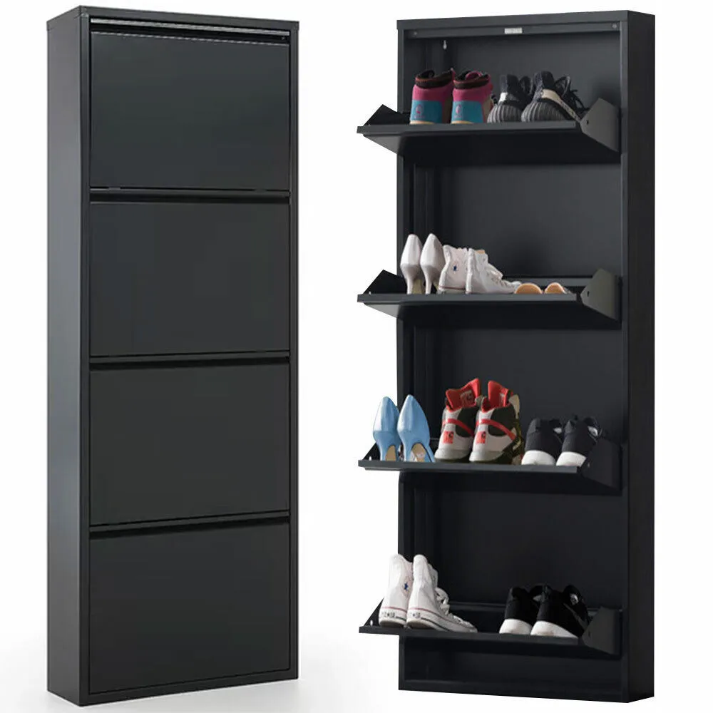 Scarpiera Slim Metallo 4 Ante Ripiani Portascarpe Salvaspazio 140x50x14cm Nero