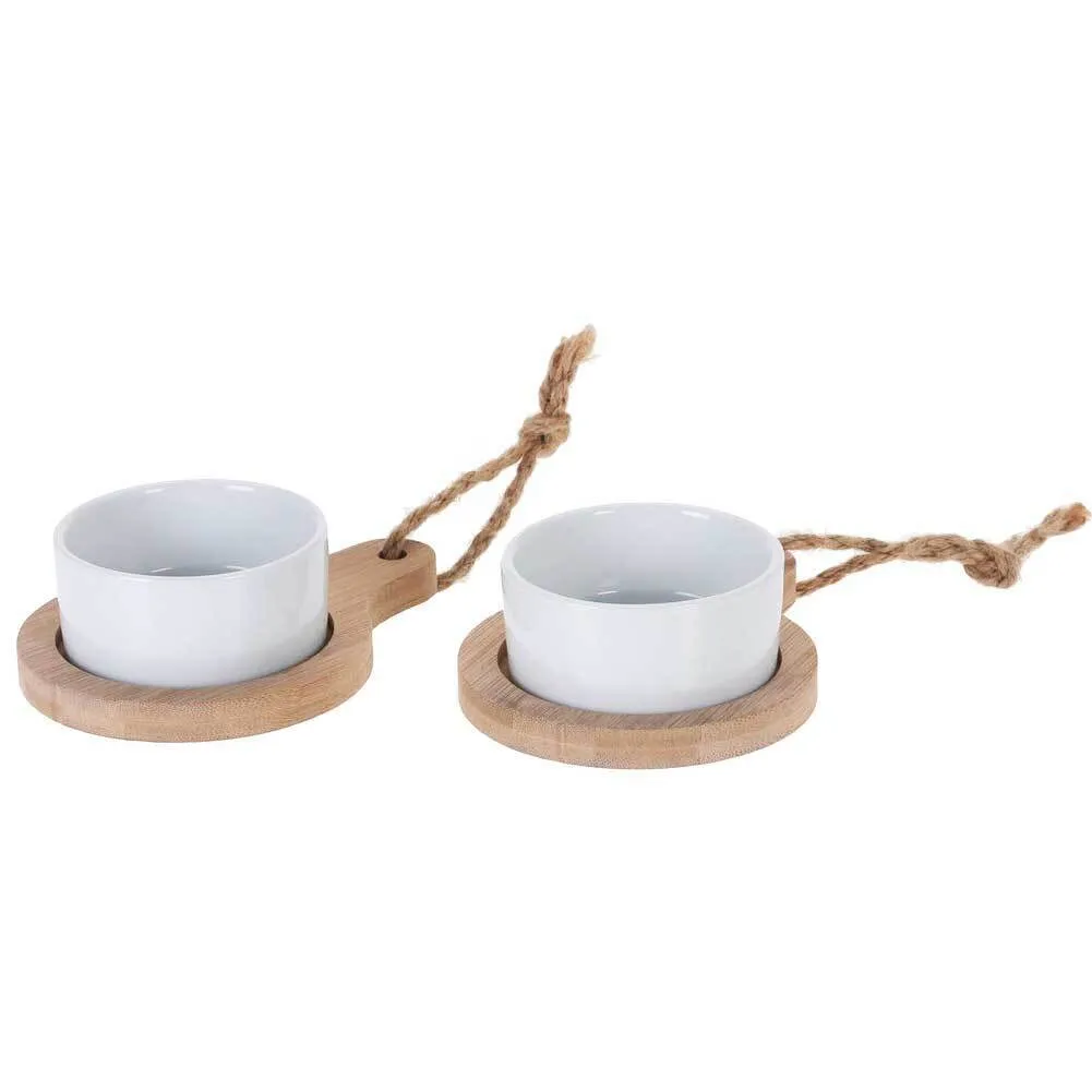 Set 2 Ciotole in Ceramica con Base in Legno di Bambu per Stuzzichini e Contorni