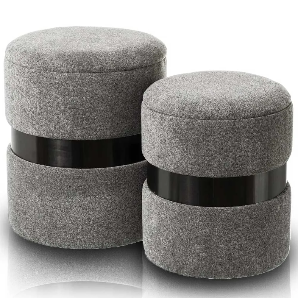 Set 2 Pouf Contenitore in Velluto Rotondo Grigio Sgabello Poggiapiedi Capiente