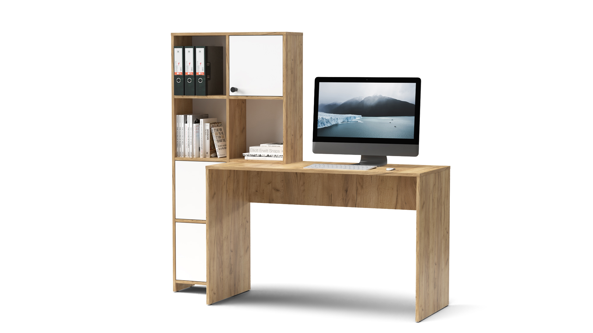 Mobile scrivania con libreria e sportelli mod. HALK cm 156x55x147 rovere bianco (1)