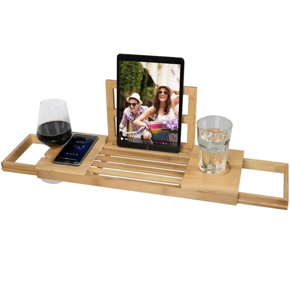 Tavolino Vassoio Vasca Bagno Regolabile Legno Bambu Supporto Tablet Scomparti