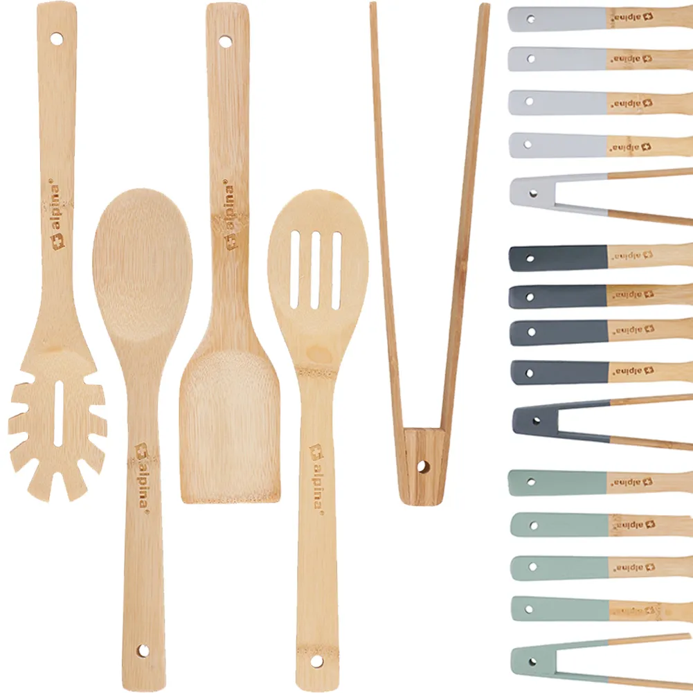 Set 5 Utensili da Cucina in Bambù Lunghezza 30 cm Antigraffio Colori Assortiti