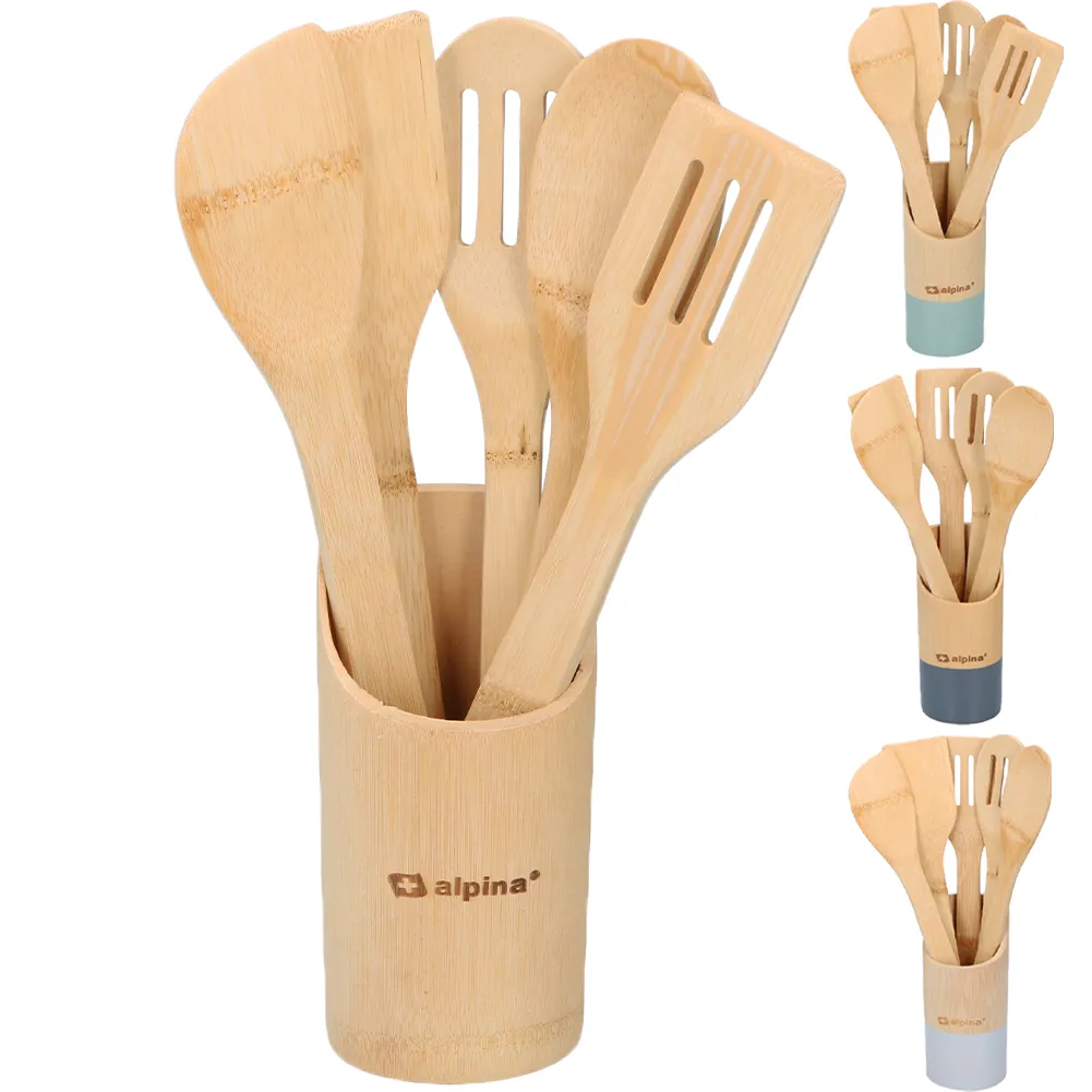 Set 6 Utensili da Cucina in Bambù Lunghezza 30 cm Antigraffio Colori Assortiti