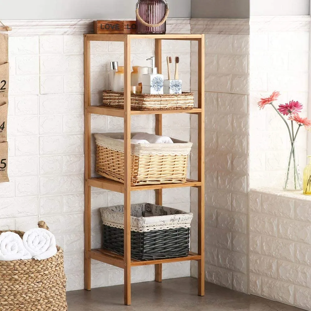 Mobile Scaffale Bagno a Colonna 4 Ripiani Libreria Angolo Legno Bambu 33 x 110cm