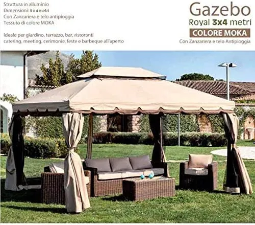 Gazebo Royal 3X4 Metri In Alluminio Impermeabile Zanzariera Antipioggia Moka