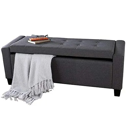 Cassapanca Pouf Contenitore Panca Sgabello Poggiapiedi in Tessuto Grigio Scuro