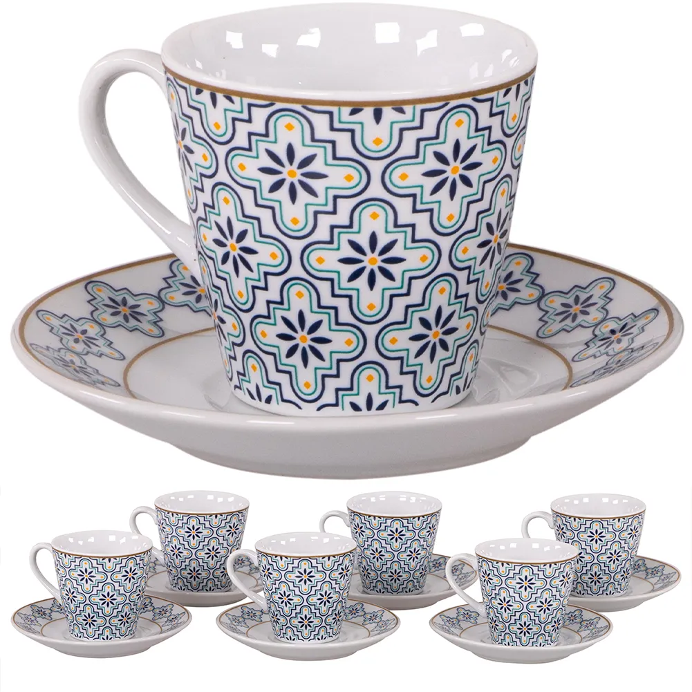 Set 6 Tazzine da Caffè 80CC in Porcellana con Piattini Tazze con Decorazione Blu