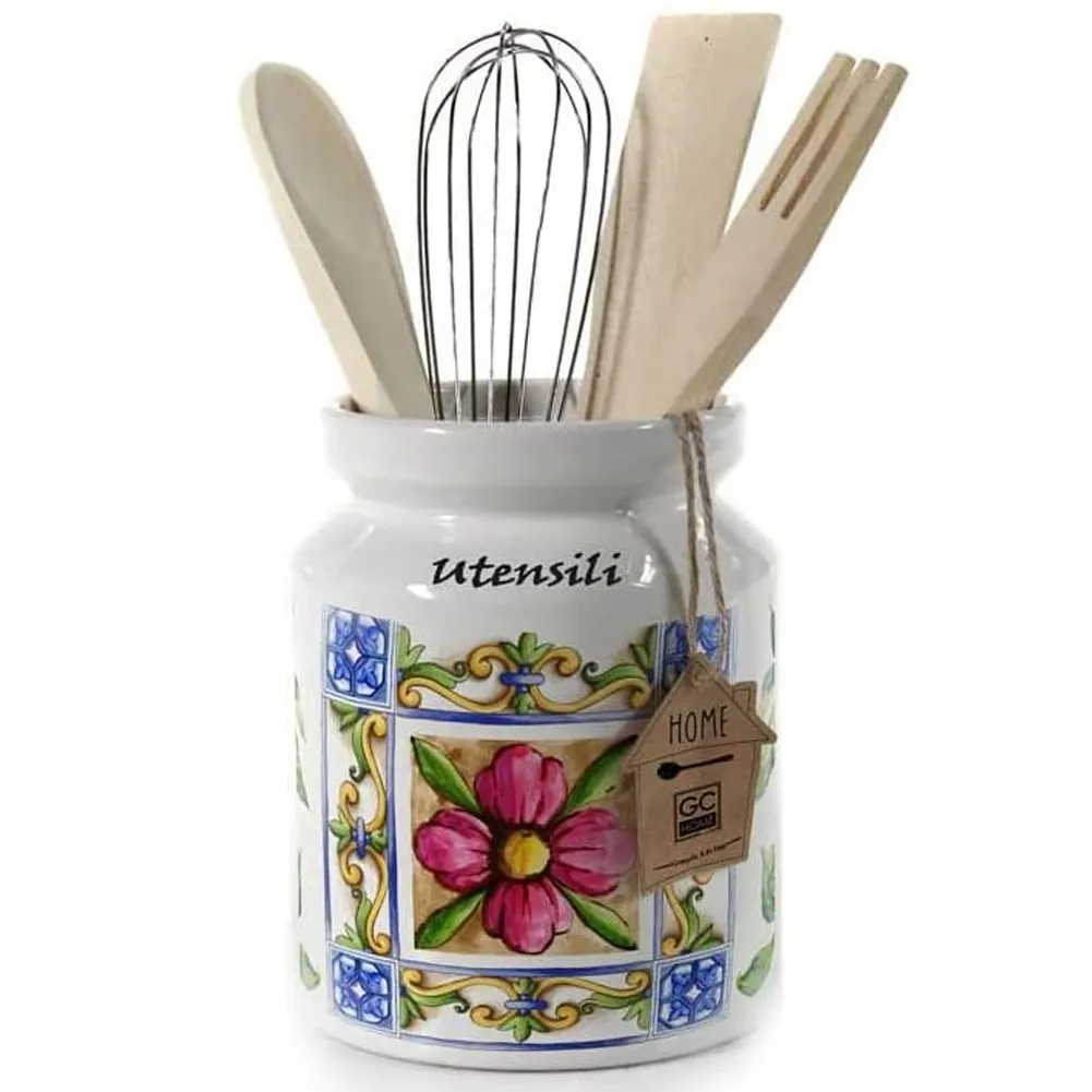 Poggiamestoli Barattolo Porta Mestoli Organizer Utensili Cucina Ceramica 12x15cm