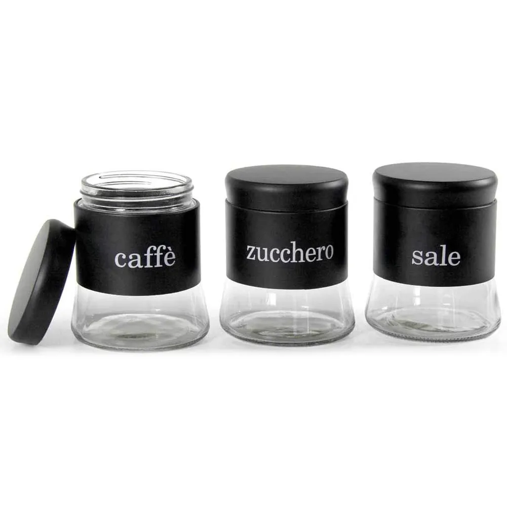 Set 3 Barattoli Porta Caffe Zucchero Sale 750ml Cucina Nero Design Moderno