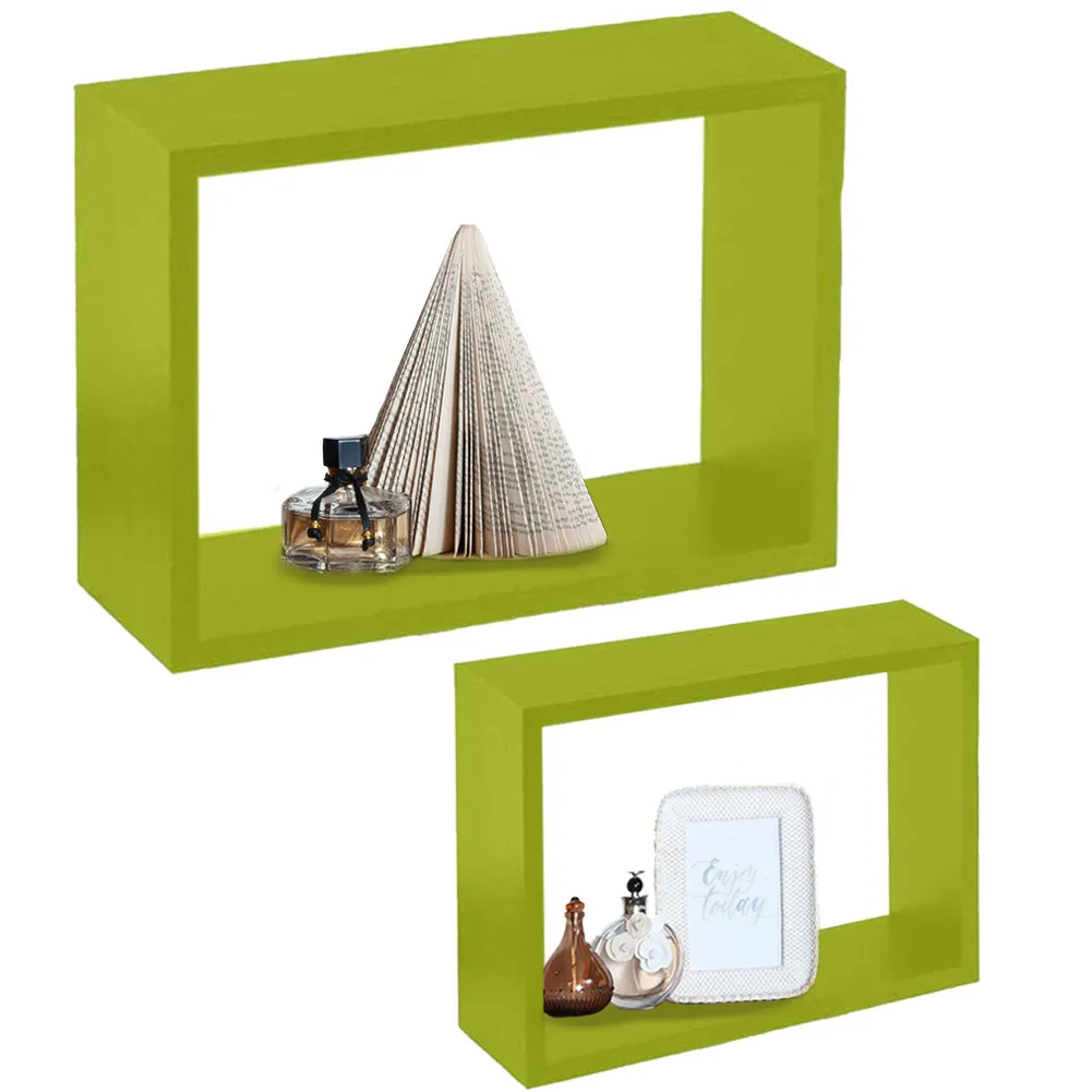 Set 2 Mensole a Muro Moduli da Parete Pensili Rettangolari in Legno Verde 40 cm (1)