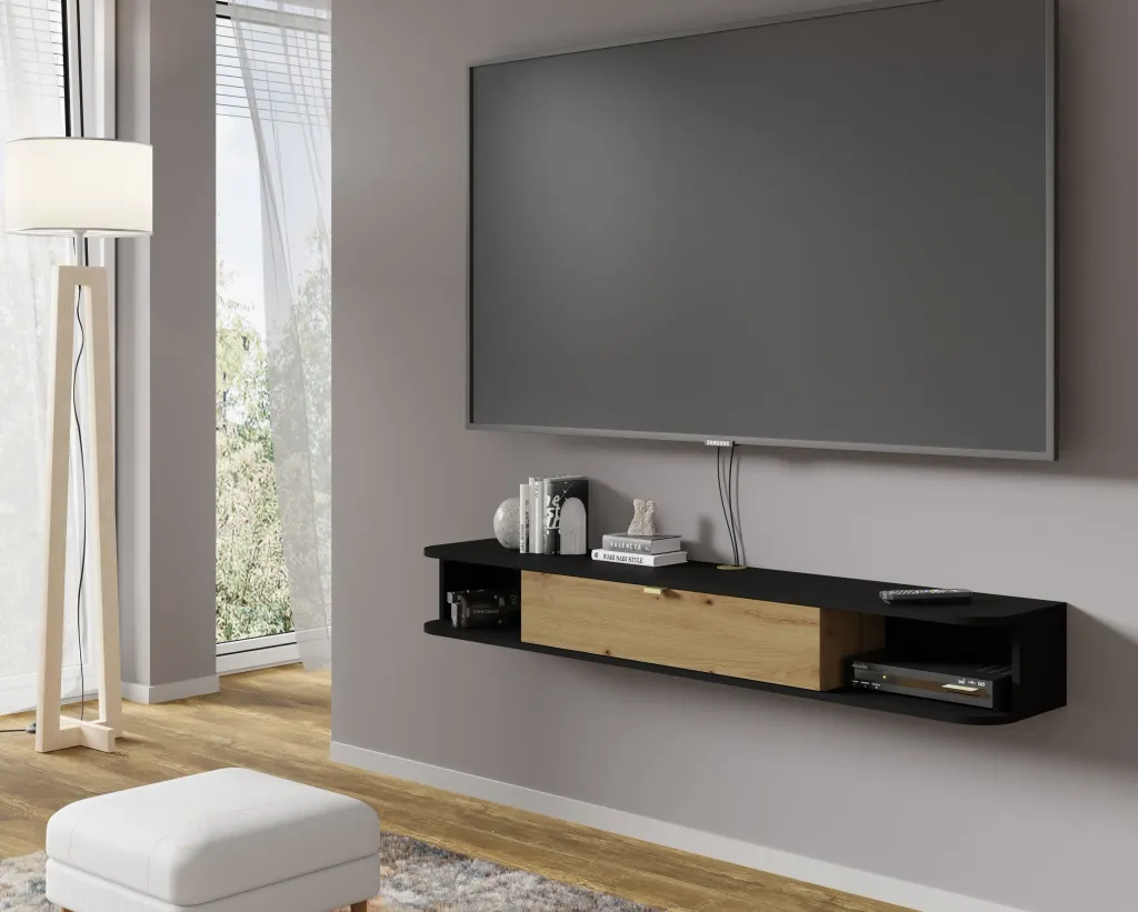 Mobile tv soggiorno ICARUS cm 156x29x20 nero opaco e rovere (1)