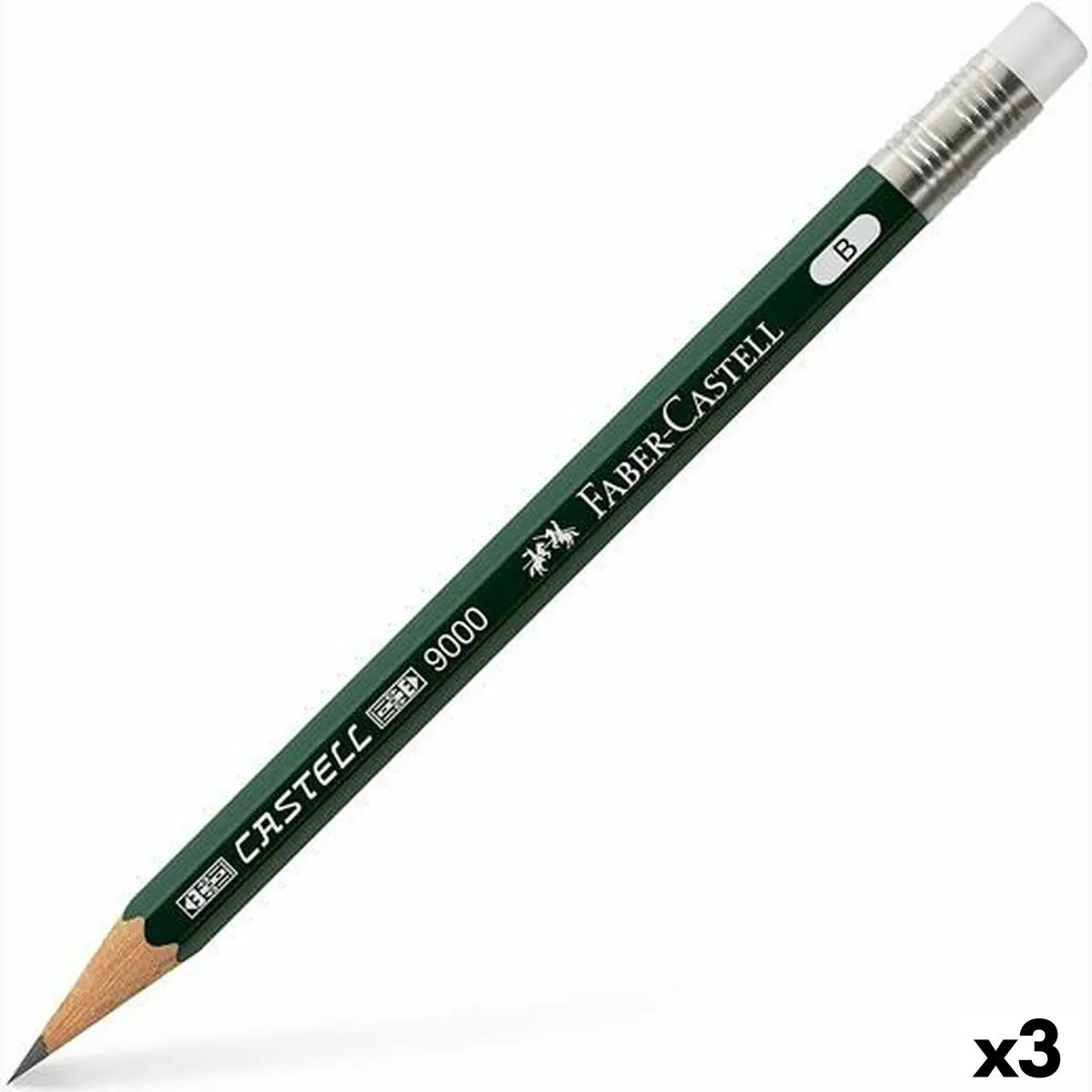 Matita con Gomma da Cancellare Faber-Castell 9000 B Esagonale B (3 Unità)