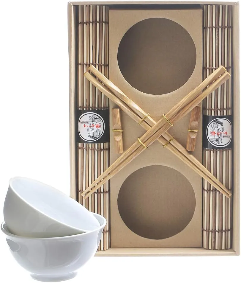 Set Sushi Cibo Giapponese 2 Persone Bacchette Legno Ciotole Tovagliette Naturale