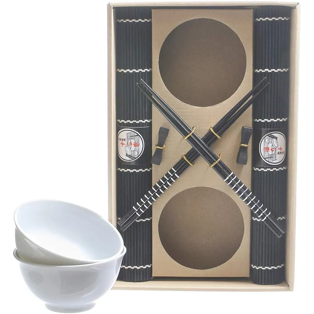 Set Sushi Cibo Giapponese 2 Persone con Bacchette Legno Ciotole Tovagliette Nero