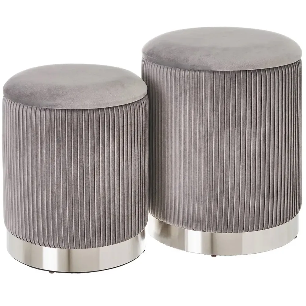 Set 2 Pouf Contenitore Grigio Velluto Sgabello Poggiapiedi Rotondo Portata 120kg