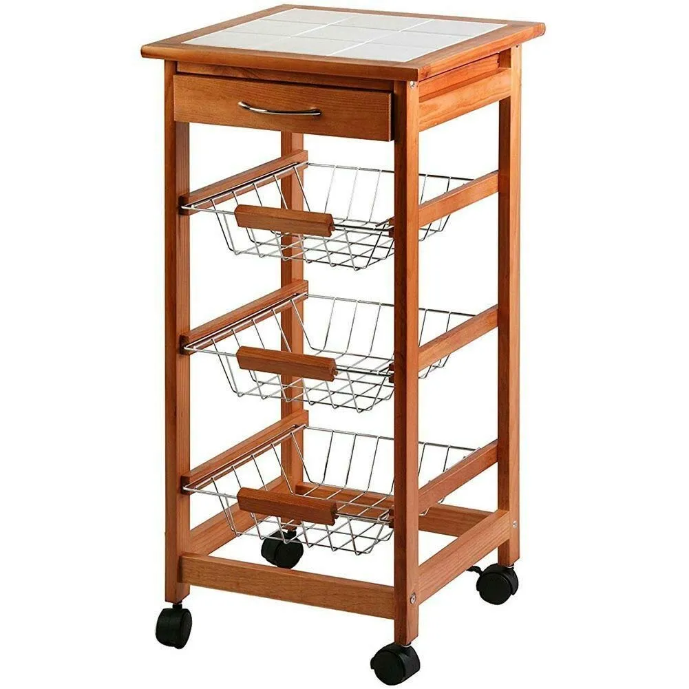 Carrello Cucina in legno 3 Cestelli Acciaio e Ripiano 9 Mattonelle in Ceramica